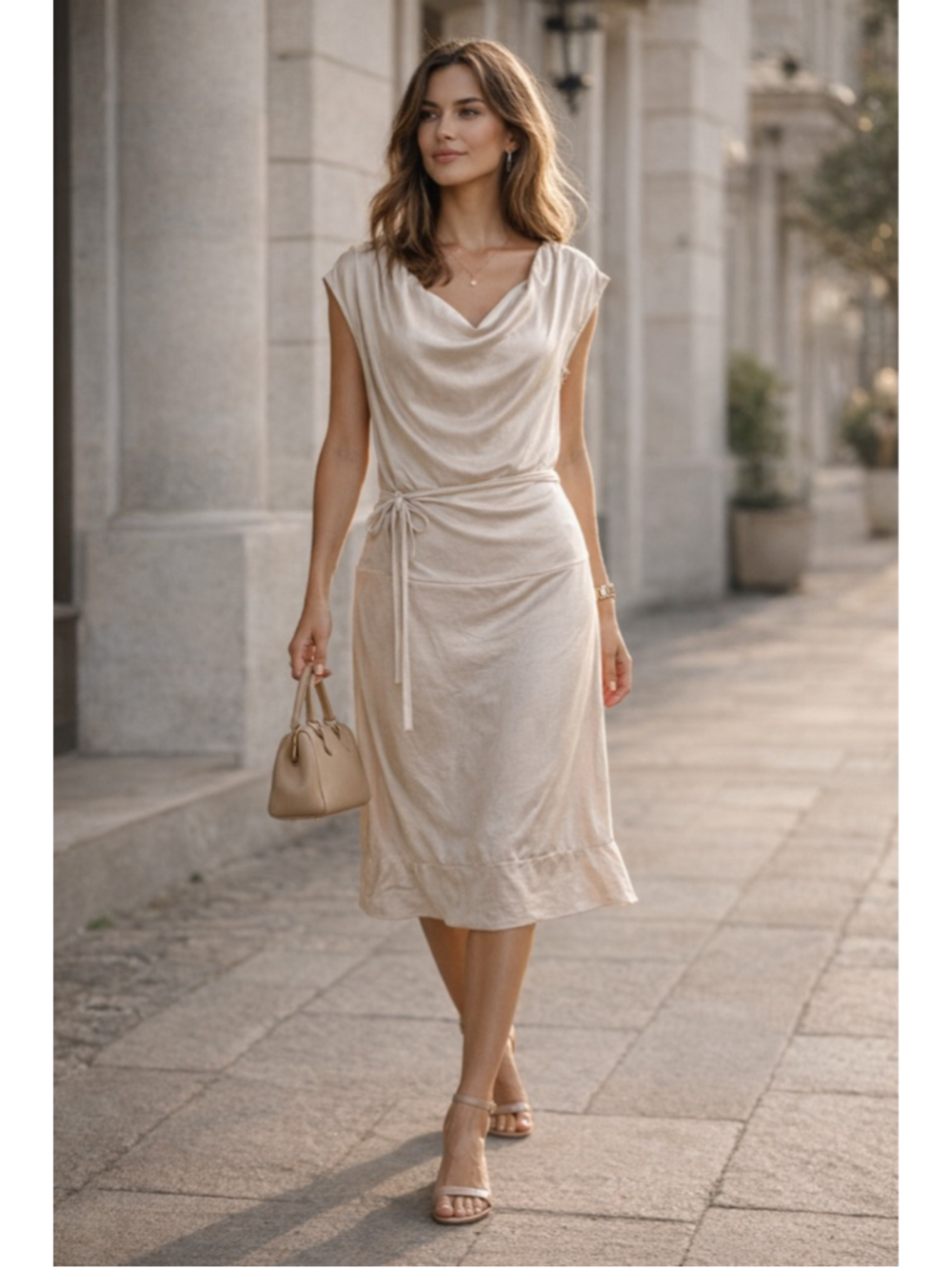 Summum Woman Dress M Cowl Neck Midi Draped Resort Quiet Luxury Minimalist Beige